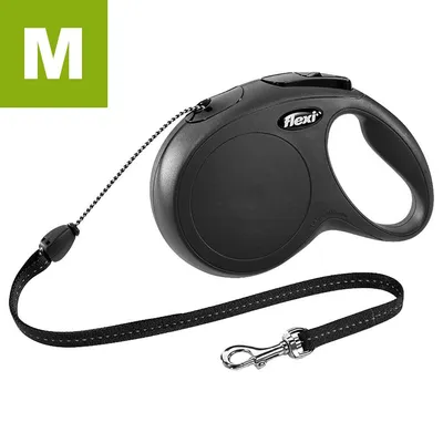 Retractable black lead with handle and metal clip, size M shown in green box.