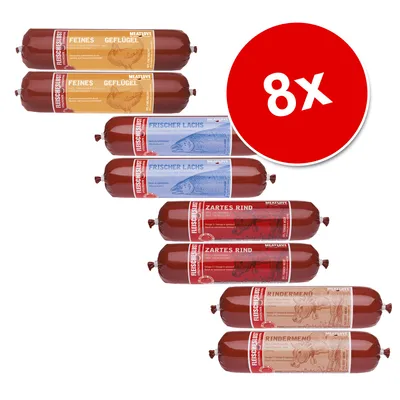 8 броя колбаси Meatlove Fleischlust: Feines Geflügel, Frischer Lachs, Zartes Rind, Rindermenü. Видими етикети с илюстрации на пиле, риба и говеждо.