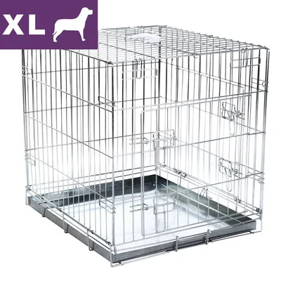 Metalowa klatka dla psa, rozmiar XL widoczny w lewym górnym rogu na fioletowym tle, prostokątna konstrukcja z drutu i metalową tacą na spodzie.