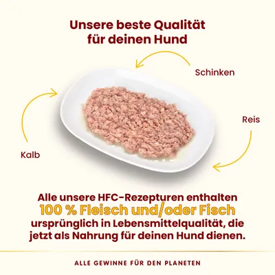 Texte en allemand : Unsere beste Qualität für deinen Hund. Kalb, Schinken, Reis. 100 % Fleisch und/oder Fisch ursprünglich in Lebensmittelqualität, jetzt als Nahrung für deinen Hund.