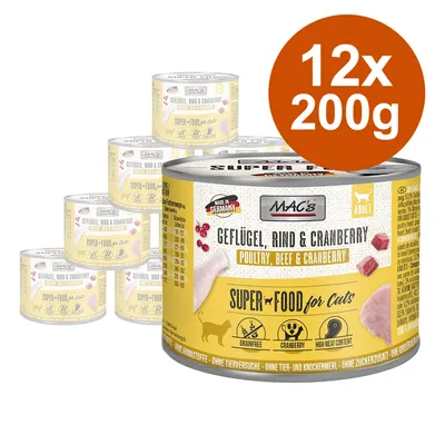 MAC's Super-Food za mačke, perutnina, govedina in brusnica, izdelano v Nemčiji, 12x 200g, brez žit, visok delež mesa, brez dodanega sladkorja, brez testiranja na živalih.