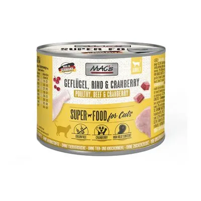 MAC's kattenvoer blik, smaak gevogelte, rund & cranberry. Tekst: 'Super Food for Cats', 'Grainfree', 'Cranberry', 'High Meat Content', 'Poultry, Beef & Cranberry'. MAC's kattenvoer blik, smaak gevogelte, rund & cranberry. Tekst: 'Super Food for Cats', 'Grainfree', 'Cranberry', 'High Meat Content', 'Poultry, Beef & Cranberry'.
