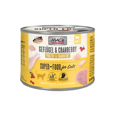 MAC's Poultry & Cranberry Superfood for cats, Made in Germany, grain-free, high meat content. Complete food for adult cats.
