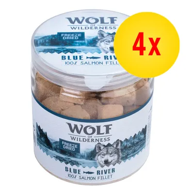 Wolf of Wilderness Blue River 100% Salmon Fillet frysetørret, 4x markeret på gul cirkel på emballagen
