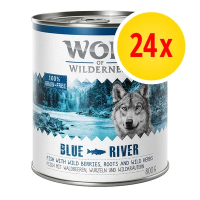 Pack of 24 cans, Blue River flavour with fish, wild berries, roots and wild herbs. 100% grain-free. 800g per can.