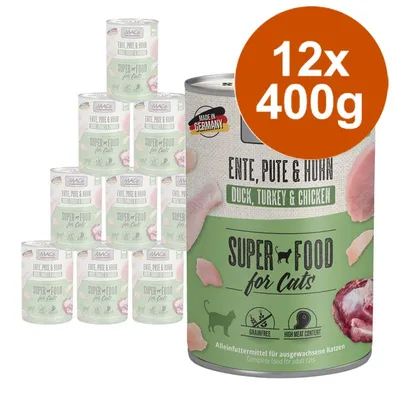 MAC's Super Food for Cats Ente, Pute & Huhn, 12×400g konzerv pro kočky. Viditelné texty: Duck, Turkey & Chicken, Made in Germany, grainfree, high meat content.