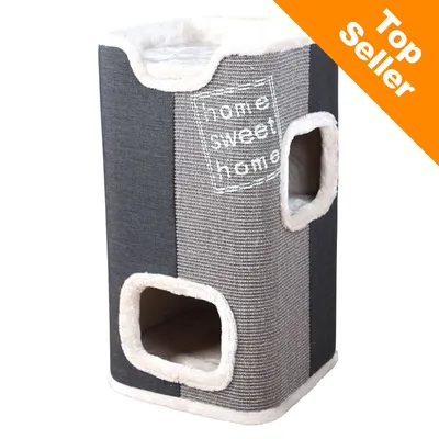 Kattmöbel i tyg och sisal med tre öppningar, texten 'home sweet home' synlig på framsidan. Orange hörn med texten 'Top Seller'.