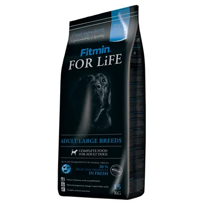Fitmin FOR LiFE Adult Large Breeds, hrană completă pentru câini adulți de talie mare, 15 kg. 56 % ingrediente de origine animală, 20 % carne și produse IN FRESH. Text în engleză pe ambalaj.