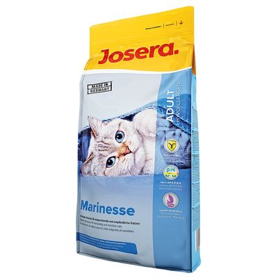 Опаковка Josera Marinesse за котки, видими надписи: MADE IN GERMANY, ADULT HYPOALLERGEN, Marinesse, икони с текст Hypoallergen, pH, Leicht verdaulich.