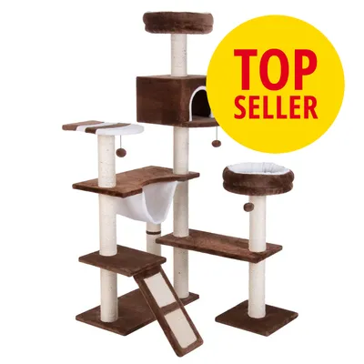 Klatremiljø til katte i brunt og hvidt stof med flere platforme, hængekøje, hus og sisalstammer. Gul cirkel med rød tekst: TOP SELLER.