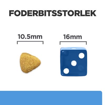 Foderbitsstorlek: foderbit 10,5 mm bred jämförd med blå tärning 16 mm bred. Tydlig storleksjämförelse för att visa foderbitens dimension.