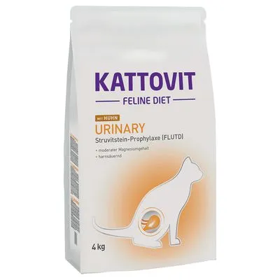 Kattovit Feline Diet Urinary met kip, Struvitstein-Prophylaxe (FLUTD), matig magnesiumgehalte, urinezuurend, 4 kg verpakking zichtbaar.