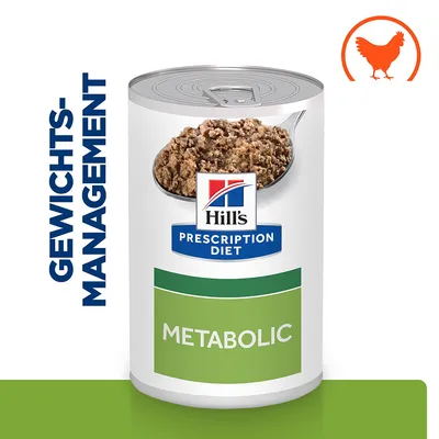 Hill's Prescription Diet Metabolic mokra hrana za uravnavanje telesne teže s piščancem, prikazana konzerva.