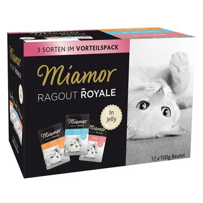 Miamor Ragout Royale em gelatina, pack económico com 3 variedades: salmão, vitela, aves. Conteúdo: 12 saquetas de 100g.