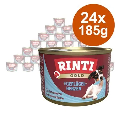 RINTI Gold mit Geflügelherzen, 24x185g. Getreidefrei in feinen Stücken staat op het blik. Afbeelding toont meerdere blikken en een hond op de verpakking.