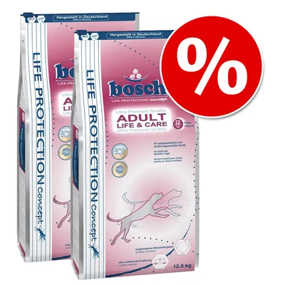 Bosch Adult Life & Care, Ultra Premium Quality, hergestellt in Deutschland, für ausgewachsene und ernährungssensible Hunde, 12,5 kg. Protein 22%, Fettgehalt 12%.