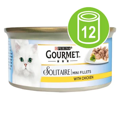 Gourmet Solitaire Mini Fillets with Chicken, 12 cans pack shown on label.