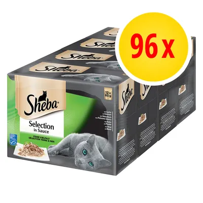 Sheba Selection in Sauce kissan märkäruoka, 96 x 85 g annospakkausta näkyvissä pakkauksessa. Näkyvä teksti: Sheba, Selection in Sauce, 12 x 85 g, 96 x. Sheba Selection in Sauce kissan märkäruoka, 96 x 85 g annospakkausta näkyvissä pakkauksessa. Näkyvä teksti: Sheba, Selection in Sauce, 12 x 85 g, 96 x.