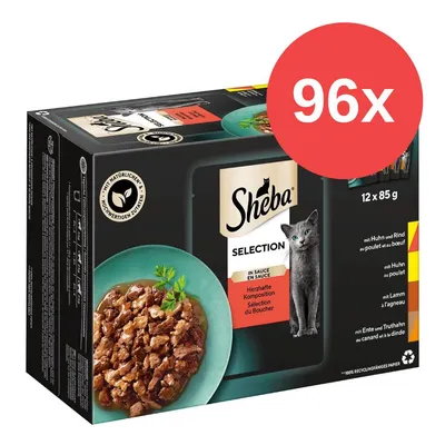 Sheba Selection in Sauce, composición sabrosa. Paquete con 96 sobres de 85g. Variedades: pollo y ternera, pollo, cordero, pato y pavo. Con ingredientes naturales, papel 100% reciclable.