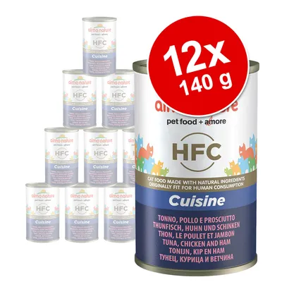 Almo Nature HFC Cuisine, 12×140 g konzerv pro kočky. Text na obalu: pet food + amore, HFC, Cuisine, tuna, kuře a šunka v několika jazycích.