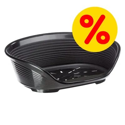 Cesta per animali in plastica nera con simbolo percentuale giallo e rosso che indica offerta o sconto visibile sull'immagine.
