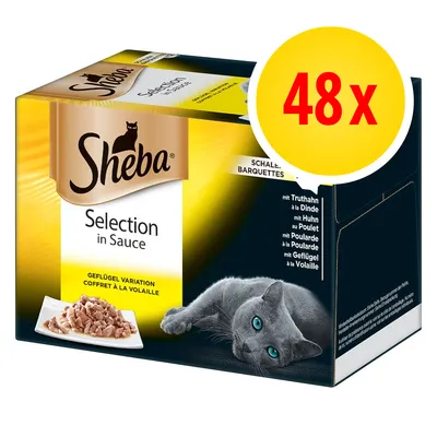 Sheba Selection in Sauce, Geflügel Variation, 48x. Billede af kat og tallerken med vådfoder på emballagen. Tekst på flere sprog synlig.