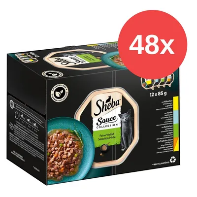 Sheba Sauce Collection, Feine Vielfalt, 48 saszetek po 85g. Z kurczakiem, pstrągiem, królikiem i indykiem. Opakowanie nadające się do recyklingu.