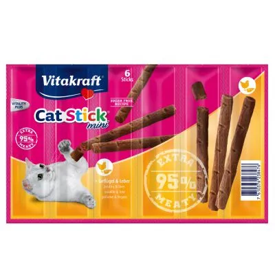 Vitakraft Cat Stick mini, 6 sticks, ricetta senza zucchero, 95% carne, gusto pollo e fegato. Immagine di un gatto bianco e bastoncini visibili sulla confezione.