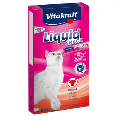 Vitakraft Liquid Snack voor katten, 6 stuks, met rund. Sugar free recipe, low calorie, inuline. Zonder kleur- en conserveermiddelen. Tekst deels in het Duits en Engels.