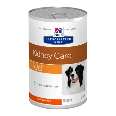 Консерва Hill's Prescription Diet Kidney Care k/d для собак, с курицей, 370 г. Видна фотография собаки и надписи: CLINICAL NUTRITION, DOG FOOD.