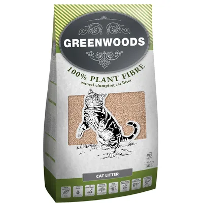 GREENWOODS 100% PLANT FIBRE natural clumping cat litter -kissanhiekka, näkyvissä piirros kissasta ja hiekkaa, tilavuus 30 l, paino 12 kg, PEFC-merkintä