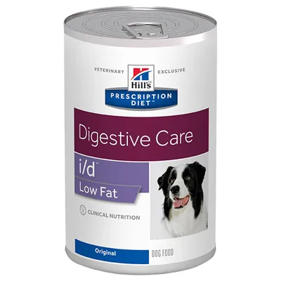 Conservă Hill's Prescription Diet Digestive Care i/d Low Fat, Original, hrană umedă pentru câini. Text vizibil: Clinical Nutrition, Dog Food. Imagine cu un câine pe etichetă.
