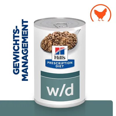 Hill's Prescription Diet w/d Dose mit Gewichtskontrollfutter für Hunde, Geschmacksrichtung Huhn. Text: Gewichts-Management. Hill's Prescription Diet w/d Dose mit Gewichtskontrollfutter für Hunde, Geschmacksrichtung Huhn. Text: Gewichts-Management.