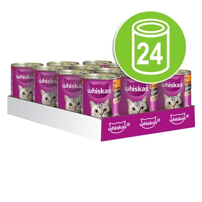 Whiskas mokra hrana za mačke v omaki, okus perutnina, 24 pločevink v škatli. Zeleni simbol s številko 24 in sliko pločevinke.