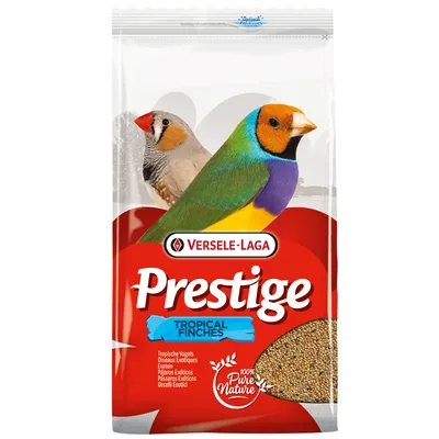 Versele-Laga Prestige Tropical Finches, Futter für tropische Vögel, 100% Pure Nature, Verpackung mit zwei exotischen Vogelarten abgebildet.
