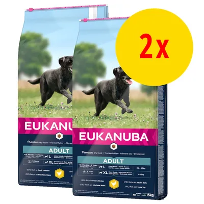 Lot de 2 sacs Eukanuba Adult, croquettes pour grands chiens, riche en poulet frais, 15 kg chacun, indications : +18 mois, grandes races 25–40 kg, très grandes races >40 kg. Lot de 2 sacs Eukanuba Adult, croquettes pour grands chiens, riche en poulet frais, 15 kg chacun, indications : +18 mois, grandes races 25–40 kg, très grandes races >40 kg.
