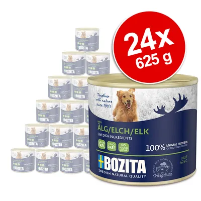 Bozita nourriture pour chiens à l’élan, 24 x 625g boîtes. Sans céréales, sans OGM, sans sucre ajouté, 100% protéines animales. Ingrédients suédois, depuis 1903.