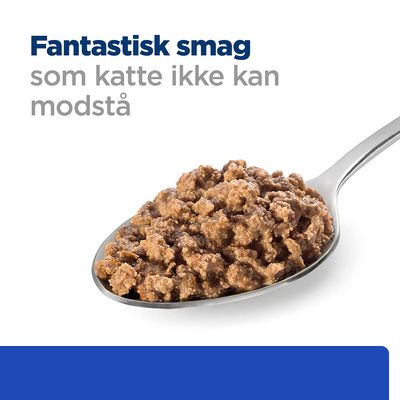 Ske med vådfoder til katte. Tekst: Fantastisk smag som katte ikke kan modstå.