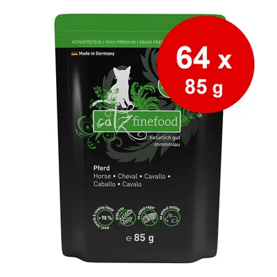 catz finefood naturlig gut mmmmiaau, 64 x 85 g, Pferd. Horse, Cheval, Cavallo, Caballo, Cavalo. Made in Germany. 98 %, e 85 g. Ingen tilsat sukker, ingen dyreforsøg, kornfri.