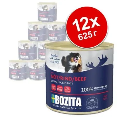Комплект 12 консерви Bozita с говеждо, по 625 г. Видими надписи: NÖT/RIND/BEEF, 100% animal protein, grain free, no added sugar, Swedish ingredients. Комплект 12 консерви Bozita с говеждо, по 625 г. Видими надписи: NÖT/RIND/BEEF, 100% animal protein, grain free, no added sugar, Swedish ingredients.