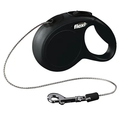 Retractable lead with black handle, thin cord and metal clip for attaching to a collar or harness.