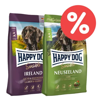 Happy Dog Sensible Trockenfutter für Hunde, Sorten Ireland mit Lachs & Kaninchen und Neuseeland mit Lamm, jeweils 11kg. Hinweis auf Rabatt durch rotes Prozent-Symbol.