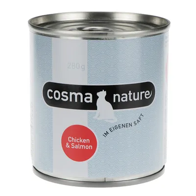 Limena konzerva 280 g s natpisom 'cosma nature', oznakom 'Chicken & Salmon' i tekstom 'IM EIGENEN SAFT'.