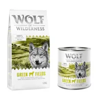 Wolf of Wilderness Kombi-Paket: Adult Trockenfutter + passende Nassfutter - 12 kg Green Fields - Lamm + 24 x 800 g Green Fields - Lamm