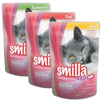 Plicuri Smilla Adult Sterilised pentru pisici, 85 g, variante vizibile: Kaninchen, Rind, Huhn. Text pe ambalaj: Ideal Weight, DL-methionine, L-carnitine, Taurine.