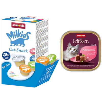 Kombipakke: 32 x 100 g animonda Vom Feinsten Adult + 20 x 15 g Milkies Selection - Kalkunhjerter + Milkies Snack (4 varianter)