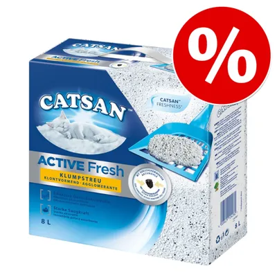 Catsan Active Fresh klumpströ, 8L. Effektiv lukt­kontroll, hög absorptionsförmåga, med frisk doft och antibakteriell effekt. Rabatt­symbol synlig.