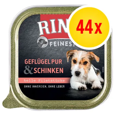 RINTI Feinst Geflügel Pur & Schinken, helle Filetstücke, ohne Innereien, ohne Leber, balení 44x. Text v němčině na obalu. RINTI Feinst Geflügel Pur & Schinken, helle Filetstücke, ohne Innereien, ohne Leber, balení 44x. Text v němčině na obalu.