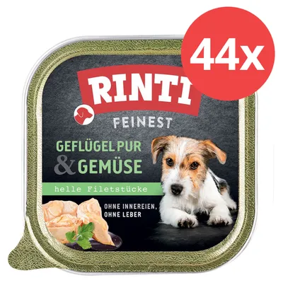 Rinti Feinest Geflügel pur & Gemüse, helle Filetstücke, ohne Innereien, ohne Leber. Packung mit 44 Stück. Rinti Feinest Geflügel pur & Gemüse, helle Filetstücke, ohne Innereien, ohne Leber. Packung mit 44 Stück.