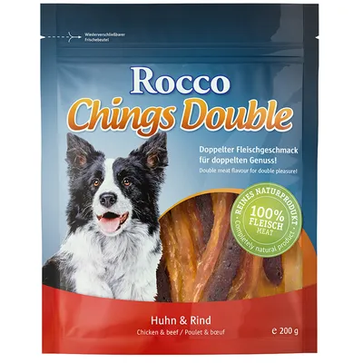Rocco Chings Double Huhn & Rind, 100 % Fleisch, 200 g. Tekst: Doppelter Fleischgeschmack für doppelten Genuss! Reines Naturprodukt. Chicken & beef. Gennemsigtig pose med kødstrimler. Rocco Chings Double Huhn & Rind, 100 % Fleisch, 200 g. Tekst: Doppelter Fleischgeschmack für doppelten Genuss! Reines Naturprodukt. Chicken & beef. Gennemsigtig pose med kødstrimler.